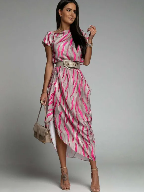 Robe longue col bateau manches courtes polyester rayures robe longueur au sol