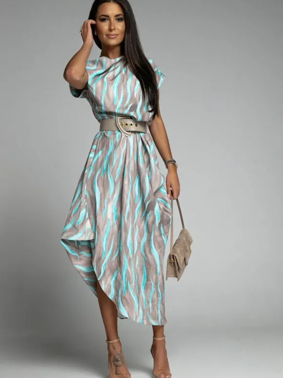 Robe longue col bateau manches courtes polyester rayures robe longueur au sol