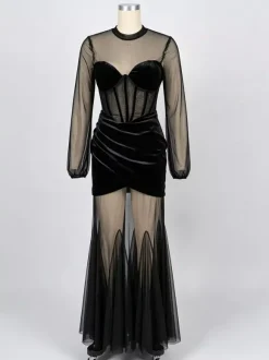 Robe longue corset en velours pour femme - Robe sirène moulante à manches longues en résille noire transparente - Soirée formelle de printemps 2026