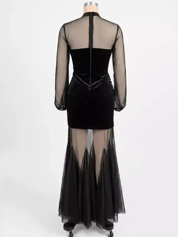 Robe longue corset en velours pour femme - Robe sirène moulante à manches longues en résille noire transparente - Soirée formelle de printemps 2026