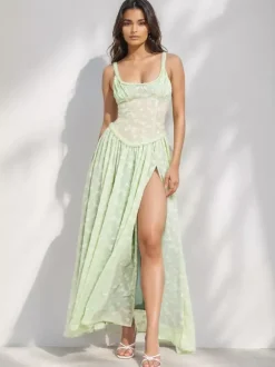 Robe longue corset transparente pour femme - Robe d'été fluide et sans manches à fente haute style cottagecore - Vacances d'été à la plage 2026