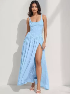Robe longue corset transparente pour femme - Robe d'été fluide et sans manches à fente haute style cottagecore - Vacances d'été à la plage 2026