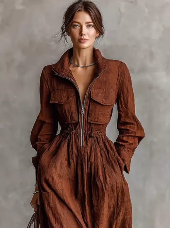 Robe longue Daily Dresses pour femme marron café en polyester manches longues col en V taille haute