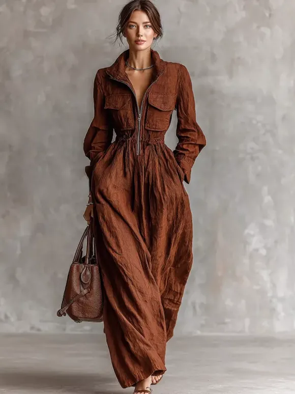 Robe longue Daily Dresses pour femme marron café en polyester manches longues col en V taille haute