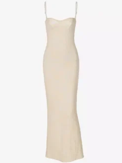 Robe longue de soirée blanche à bretelles col en dentelle sans manches dos nu chic et semi-formelle