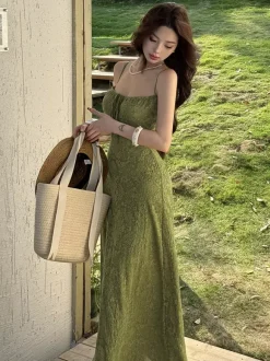 Robe longue dos nu à bretelles fermeture éclair sans manches imprimé floral épaules dénudées vert tendre