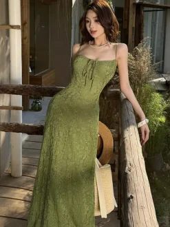 Robe longue dos nu à bretelles fermeture éclair sans manches imprimé floral épaules dénudées vert tendre