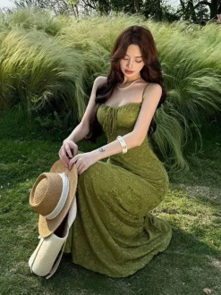 Robe longue dos nu à bretelles fermeture éclair sans manches imprimé floral épaules dénudées vert tendre