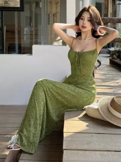 Robe longue dos nu à bretelles fermeture éclair sans manches imprimé floral épaules dénudées vert tendre