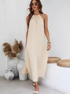 Robe longue dos nu à bretelles pour femme - Robe d'été bohème abricot en coton fendue sur le côté à franges et coupe ample - Collection été 2026