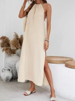 Robe longue dos nu à bretelles pour femme - Robe d'été bohème abricot en coton fendue sur le côté à franges et coupe ample - Collection été 2026