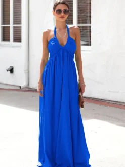 Robe longue dos nu à col halter pour femme - Robe bohème fluide à col V et froncée - Idéale pour les fêtes d'été à la plage 2026