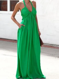 Robe longue dos nu à col halter pour femme - Robe bohème fluide à col V et froncée - Idéale pour les fêtes d'été à la plage 2026