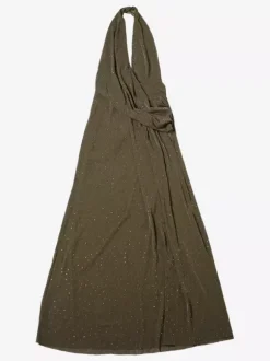 Robe longue dos nu à col V plongeant et décolleté plongeant pour femme - Robe transparente vert olive à paillettes et fente haute - Idéale pour une soirée d'été en boîte de nuit (2026)
