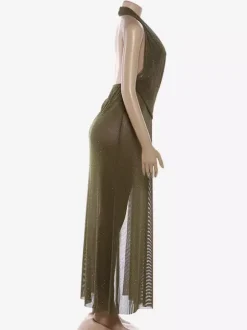 Robe longue dos nu à col V plongeant et décolleté plongeant pour femme - Robe transparente vert olive à paillettes et fente haute - Idéale pour une soirée d'été en boîte de nuit (2026)
