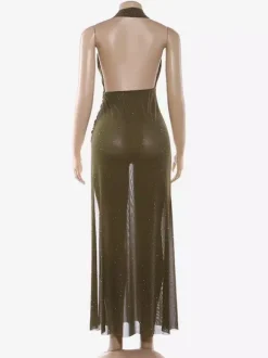 Robe longue dos nu à col V plongeant et décolleté plongeant pour femme - Robe transparente vert olive à paillettes et fente haute - Idéale pour une soirée d'été en boîte de nuit (2026)