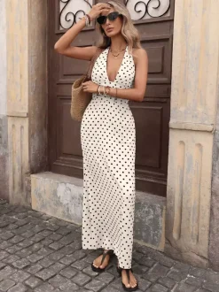 Robe longue dos nu à pois noirs et blancs pour femme décolleté plongeant en V sans manches fluide idéale pour l'été