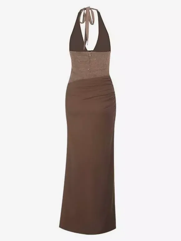 Robe longue dos nu à sequins bordeaux pour femme - Élégante robe sirène moulante froncée - Tenue de bal 2026