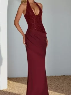 Robe longue dos nu à sequins bordeaux pour femme - Élégante robe sirène moulante froncée - Tenue de bal 2026