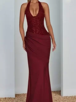 Robe longue dos nu à sequins bordeaux pour femme - Élégante robe sirène moulante froncée - Tenue de bal 2026