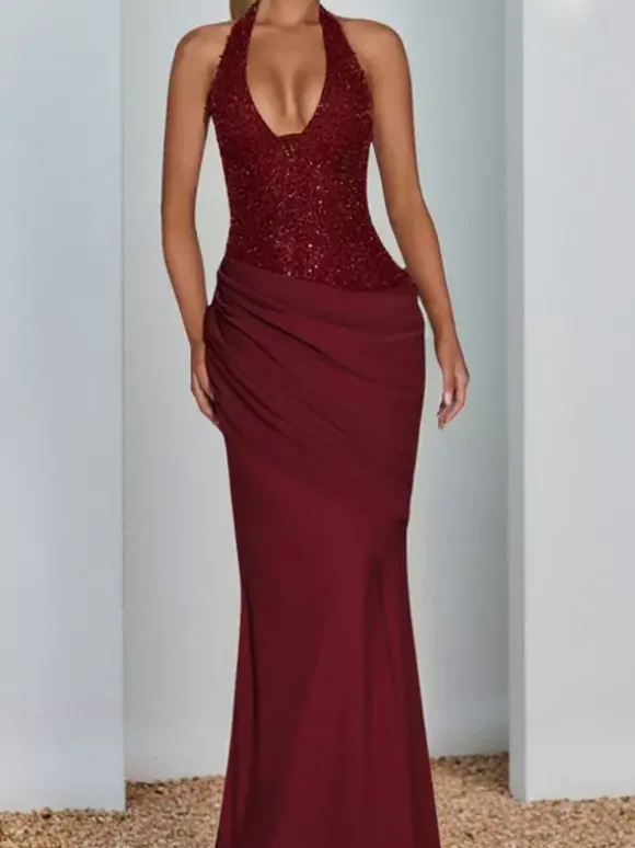 Robe longue dos nu à sequins bordeaux pour femme - Élégante robe sirène moulante froncée - Tenue de bal 2026