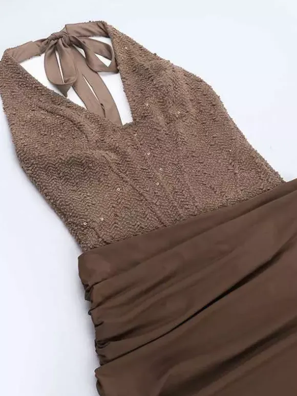 Robe longue dos nu à sequins bordeaux pour femme - Élégante robe sirène moulante froncée - Tenue de bal 2026