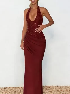 Robe longue dos nu à sequins bordeaux pour femme - Élégante robe sirène moulante froncée - Tenue de bal 2026