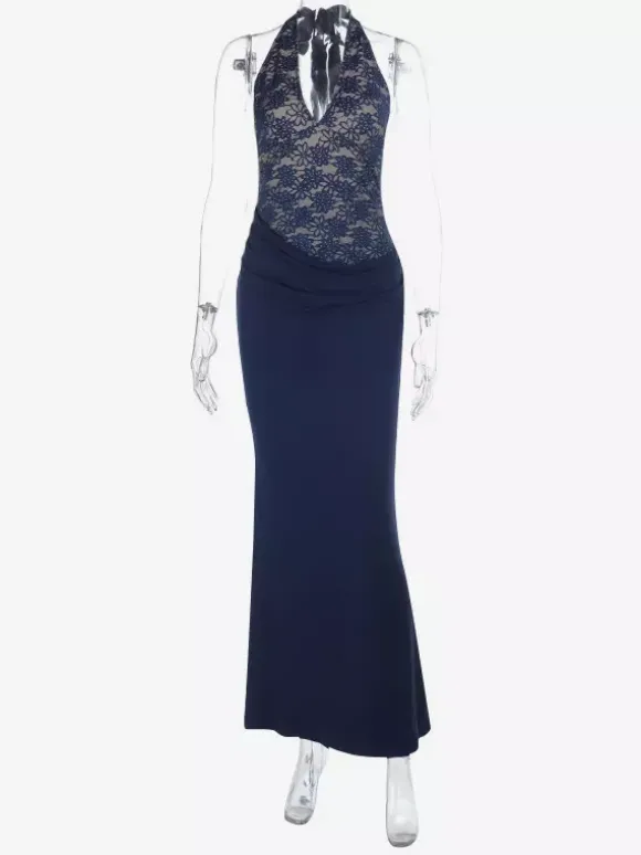 Robe longue dos nu bleu marine à col halter pour femme - Robe asymétrique en dentelle patchwork - Robe moulante sexy idéale pour une soirée d'anniversaire d'été 2026