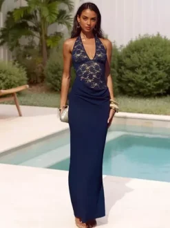 Robe longue dos nu bleu marine à col halter pour femme - Robe asymétrique en dentelle patchwork - Robe moulante sexy idéale pour une soirée d'anniversaire d'été 2026