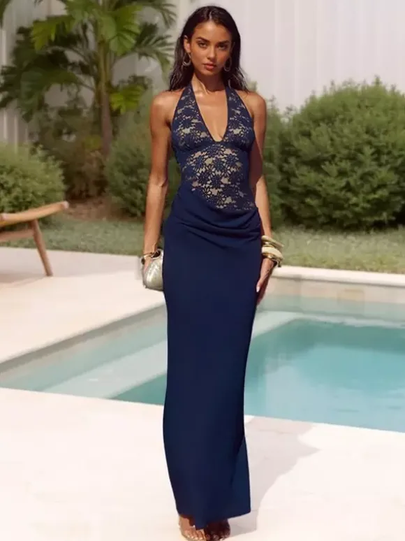 Robe longue dos nu bleu marine à col halter pour femme - Robe asymétrique en dentelle patchwork - Robe moulante sexy idéale pour une soirée d'anniversaire d'été 2026