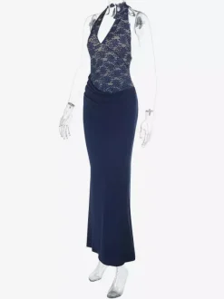 Robe longue dos nu bleu marine à col halter pour femme - Robe asymétrique en dentelle patchwork - Robe moulante sexy idéale pour une soirée d'anniversaire d'été 2026