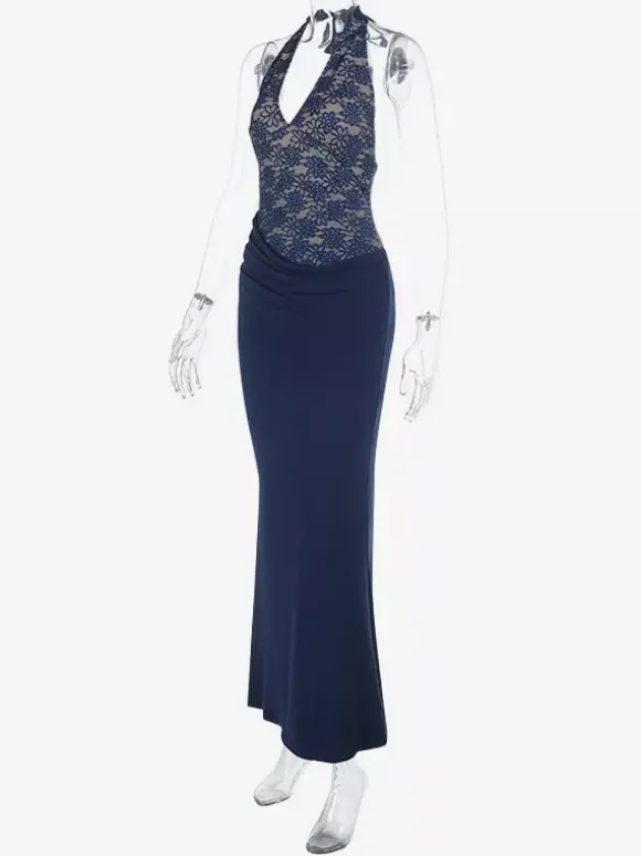 Robe longue dos nu bleu marine à col halter pour femme - Robe asymétrique en dentelle patchwork - Robe moulante sexy idéale pour une soirée d'anniversaire d'été 2026