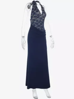Robe longue dos nu bleu marine à col halter pour femme - Robe asymétrique en dentelle patchwork - Robe moulante sexy idéale pour une soirée d'anniversaire d'été 2026