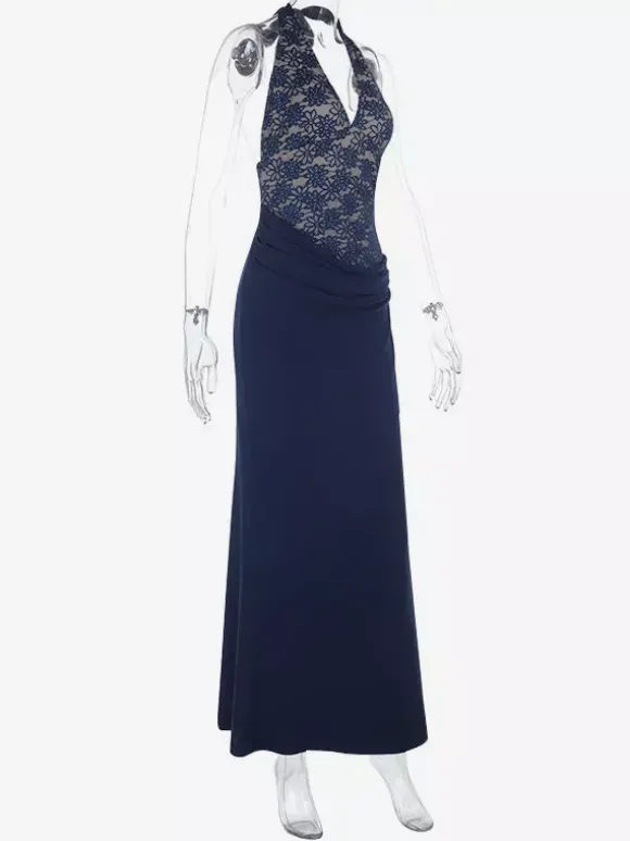 Robe longue dos nu bleu marine à col halter pour femme - Robe asymétrique en dentelle patchwork - Robe moulante sexy idéale pour une soirée d'anniversaire d'été 2026