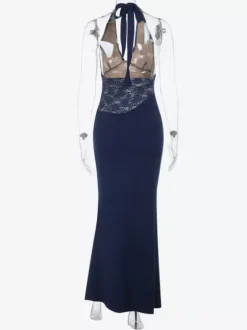 Robe longue dos nu bleu marine à col halter pour femme - Robe asymétrique en dentelle patchwork - Robe moulante sexy idéale pour une soirée d'anniversaire d'été 2026