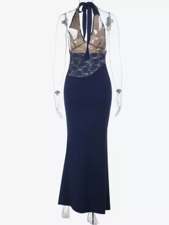 Robe longue dos nu bleu marine à col halter pour femme - Robe asymétrique en dentelle patchwork - Robe moulante sexy idéale pour une soirée d'anniversaire d'été 2026