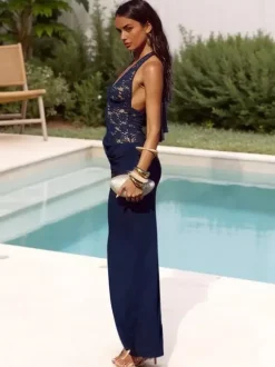 Robe longue dos nu bleu marine à col halter pour femme - Robe asymétrique en dentelle patchwork - Robe moulante sexy idéale pour une soirée d'anniversaire d'été 2026