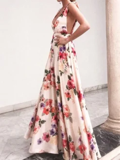 Robe longue dos nu en mousseline à imprimé floral pour femme - Robe bohème crème à épaules dénudées - Coupe trapèze - Idéale pour les invités aux mariages et fêtes d'été à la plage (2026)