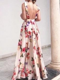 Robe longue dos nu en mousseline à imprimé floral pour femme - Robe bohème crème à épaules dénudées - Coupe trapèze - Idéale pour les invités aux mariages et fêtes d'été à la plage (2026)