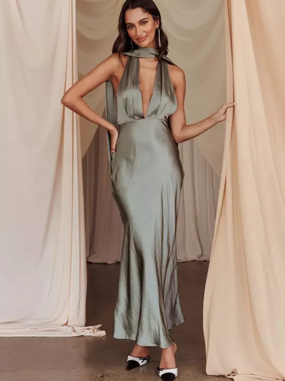 Robe longue dos nu en satin pour femme - Élégante robe sirène dos nu à décolleté plongeant et foulard - Invitée à un mariage d'été 2026