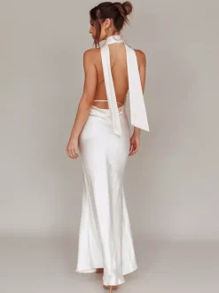 Robe longue dos nu en satin pour femme - Élégante robe sirène dos nu à décolleté plongeant et foulard - Invitée à un mariage d'été 2026