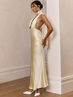 Robe longue dos nu en satin pour femme - Élégante robe sirène dos nu à décolleté plongeant et foulard - Invitée à un mariage d'été 2026
