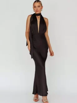 Robe longue dos nu en satin pour femme - Élégante robe sirène dos nu à décolleté plongeant et foulard - Invitée à un mariage d'été 2026