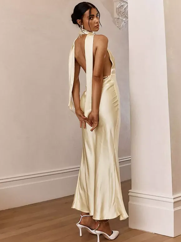Robe longue dos nu en satin pour femme - Élégante robe sirène dos nu à décolleté plongeant et foulard - Invitée à un mariage d'été 2026