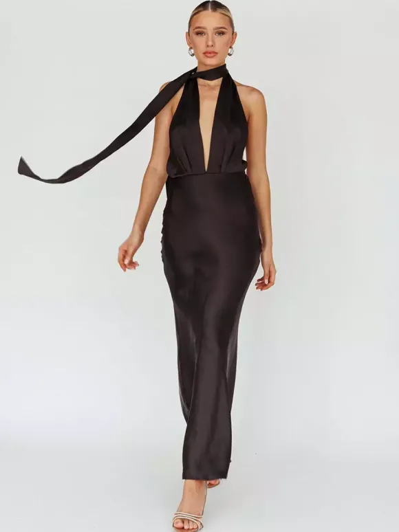 Robe longue dos nu en satin pour femme - Élégante robe sirène dos nu à décolleté plongeant et foulard - Invitée à un mariage d'été 2026