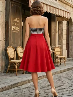 Robe longue dos nu rouge à carreaux vichy style vintage chic