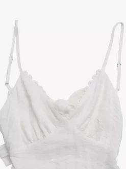 Robe longue d'été fluide à bretelles spaghetti et bordure en dentelle blanche pour femme col en V et volants.