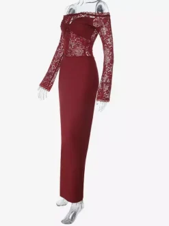 Robe longue en dentelle à épaules dénudées pour femme - Robe moulante rouge bordeaux à manches longues et fente - Soirée de printemps 2026