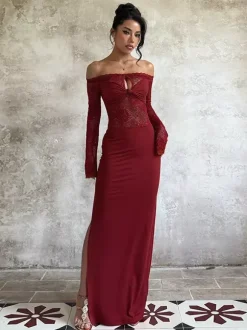 Robe longue en dentelle à épaules dénudées pour femme - Robe moulante rouge bordeaux à manches longues et fente - Soirée de printemps 2026
