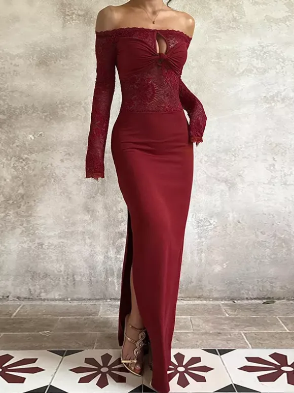 Robe longue en dentelle à épaules dénudées pour femme - Robe moulante rouge bordeaux à manches longues et fente - Soirée de printemps 2026